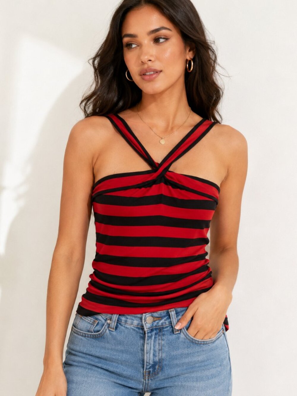 The Limited Red Black Striped Cross Back Tank Top Size S